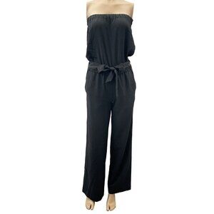 Ann Taylor Loft Belted Tie Waist Strapless Straight Leg Black Jumpsuit Women XS